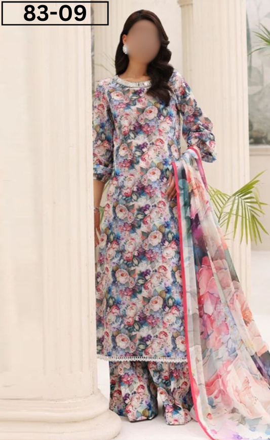 VOL 83 | DS 09 | DIGITAL PRINTED LAWN 3PC VOIL DUPATTA