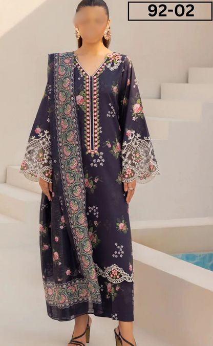 VOL 92 | DS 02 | DIGITAL PRINTED LAWN 3PC  JACQUARD VOIL DUPATTA