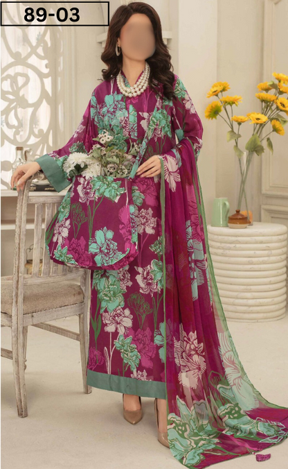 VOL 89 | DS 03 | DIGITAL PRINTED LAWN  3PC VOIL DUPATTA