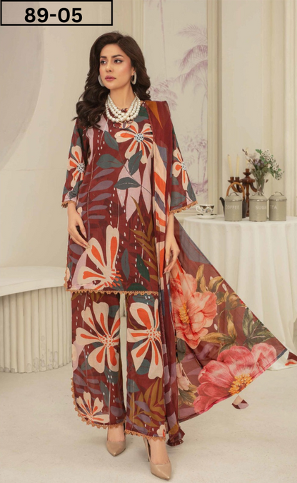 VOL 89 | DS 05 | DIGITAL PRINTED LAWN  3PC VOIL DUPATTA