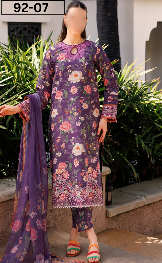 VOL 92 | DS 07 | DIGITAL PRINTED LAWN 3PC  JACQUARD VOIL DUPATTA