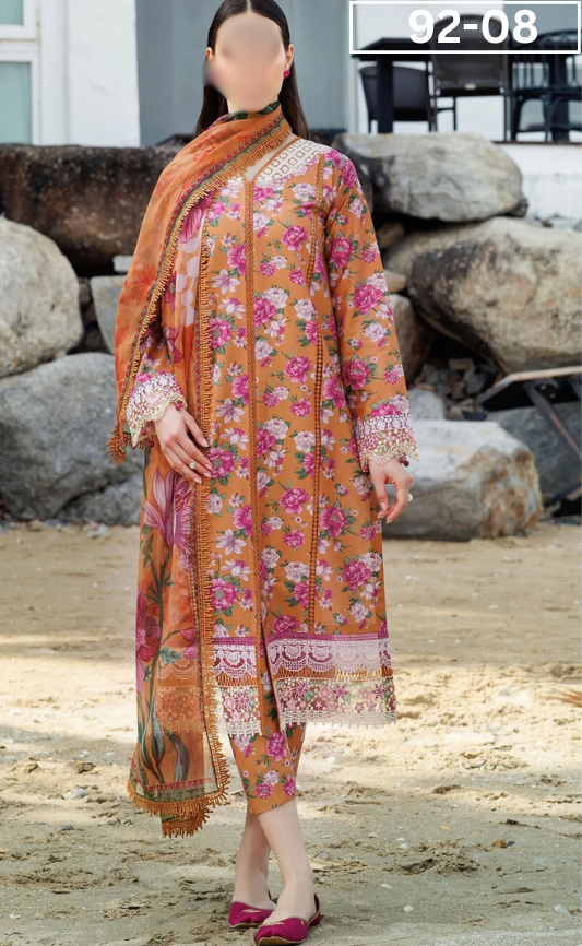 VOL 92 | DS 08 | DIGITAL PRINTED LAWN 3PC  JACQUARD VOIL DUPATTA