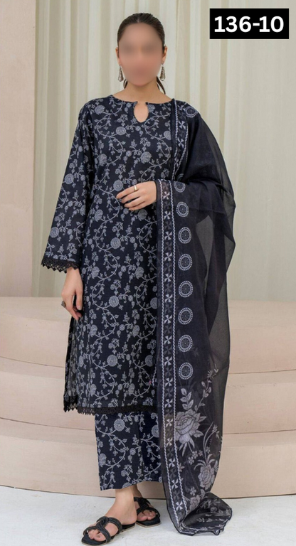 VOL 136 | DS 10 | DIGITAL PRINTED BANADORA LAWN 3PC VOIL LAWN DUPATTA