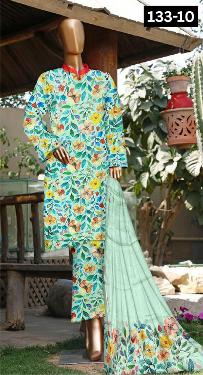 VOL 133 | DS 10 | DIGITAL PRINTED BANADORA LAWN 3PC BAMBER CHIFFON DUPATTA