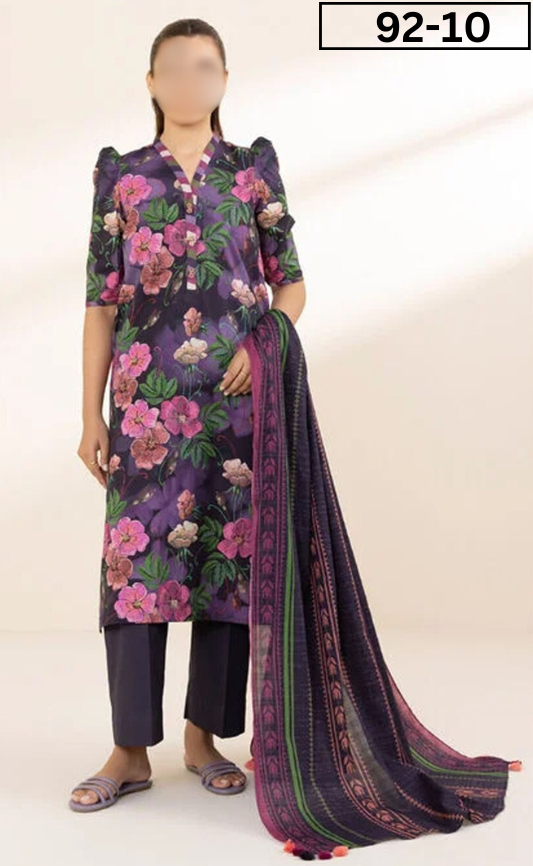 VOL 92 | DS 10 | DIGITAL PRINTED LAWN 3PC  JACQUARD VOIL DUPATTA