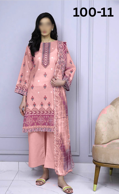 VOL 100 | DS 11 | DIGITAL PRINTED LAWN 3PC DYED TROUSER VOIL DUPATTA