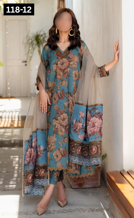 VOL 118 | DS 12 | DIGITAL PRINTED BANADORA LAWN 3PC VOIL LAWN DUPATTA
