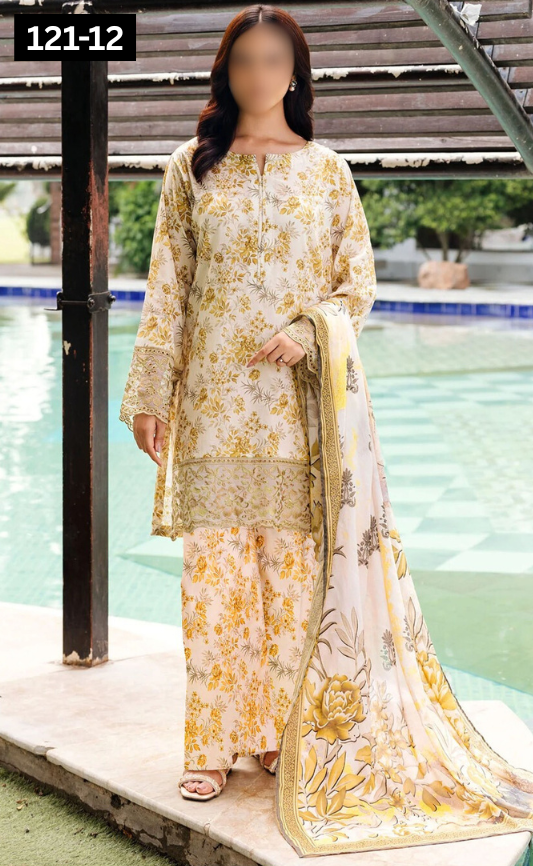 VOL 121 | DS 12 | DIGITAL PRINTED BANADORA LAWN 3PC VOIL LAWN DUPATTA