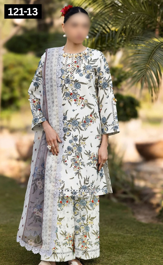 VOL 121 | DS 13 | DIGITAL PRINTED BANADORA LAWN 3PC VOIL LAWN DUPATTA