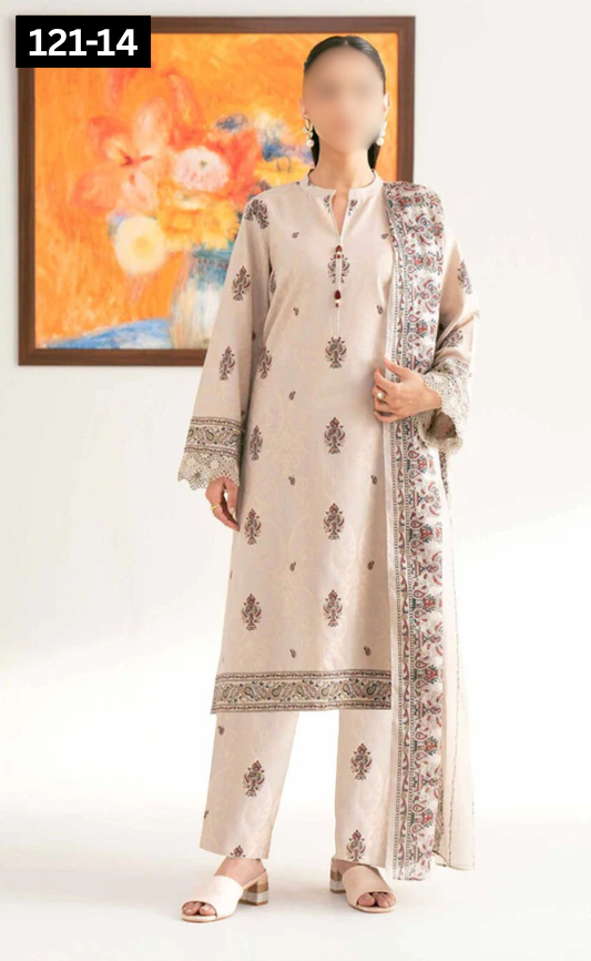 VOL 121 | DS 14 | DIGITAL PRINTED BANADORA LAWN 3PC VOIL LAWN DUPATTA
