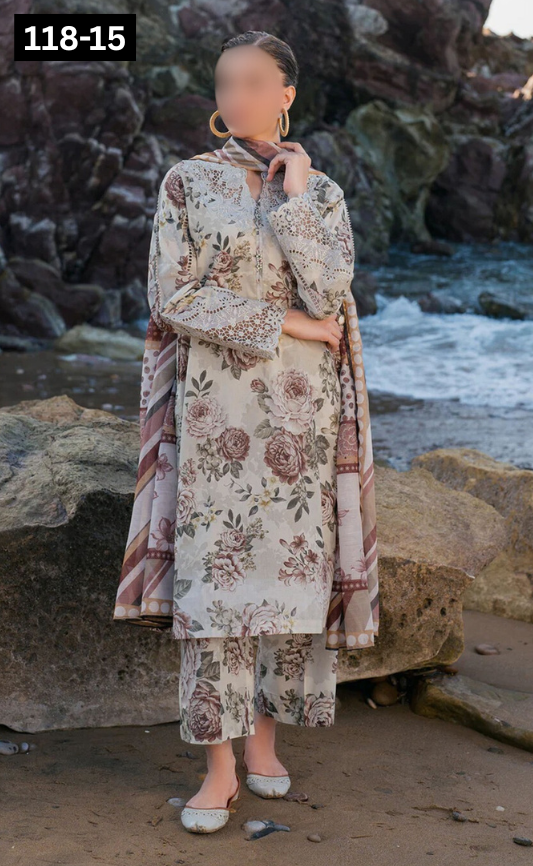 VOL 118 | DS 15 | DIGITAL PRINTED BANADORA LAWN 3PC VOIL LAWN DUPATTA
