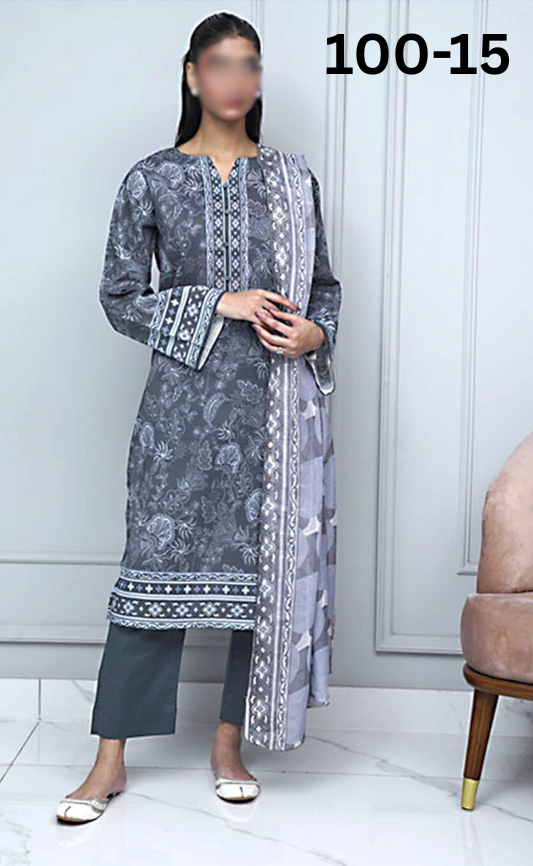 VOL 100 | DS 15 | DIGITAL PRINTED LAWN 3PC DYED TROUSER VOIL DUPATTA