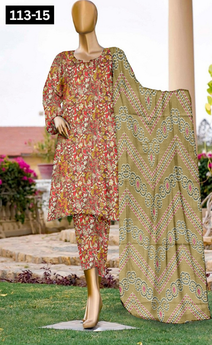 VOL 113 | DS 15 | DIGITAL PRINTED BANADORA LAWN 3PC VOIL LAWN DUPATTA