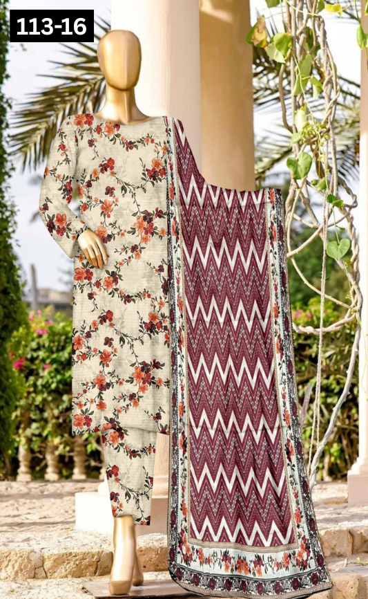 VOL 113 | DS 16 | DIGITAL PRINTED BANADORA LAWN 3PC VOIL LAWN DUPATTA
