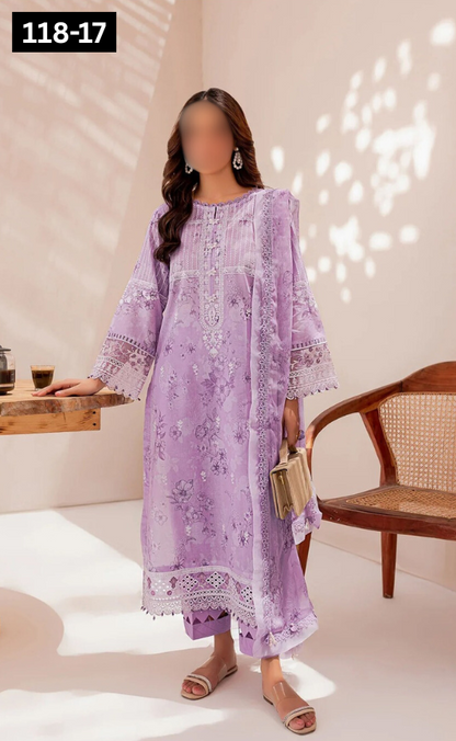 VOL 118 | DS 17 | DIGITAL PRINTED BANADORA LAWN 3PC VOIL LAWN DUPATTA