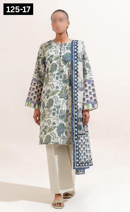 VOL 125 | DS 17 | DIGITAL PRINTED BANADORA LAWN 3PC VOIL LAWN DUPATTA