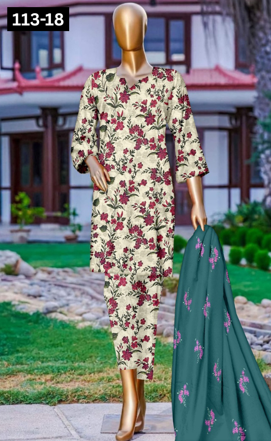 VOL 113 | DS 18 | DIGITAL PRINTED BANADORA LAWN 3PC VOIL LAWN DUPATTA