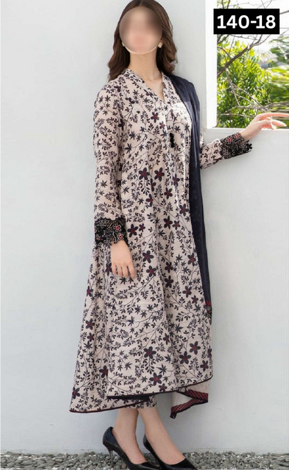 VOL 140 | DS 18 | DIGITAL PRINTED BANADORA LAWN 3PC | VOIL LAWN DUPATTA | EMBROIDERED ORAGANZA PATCHES