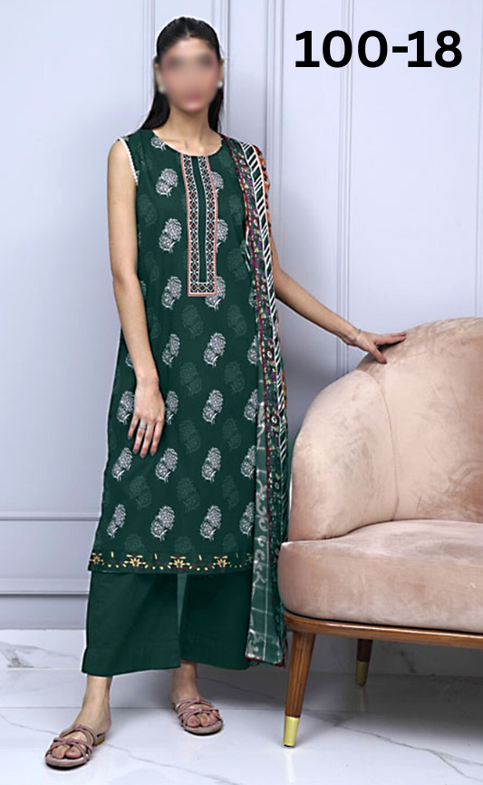 VOL 100 | DS 18 | DIGITAL PRINTED LAWN 3PC DYED TROUSER VOIL DUPATTA