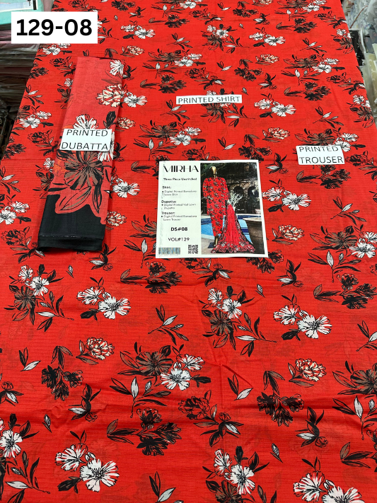 VOL 129 | DS 08 | DIGITAL PRINTED BANADORA LAWN 3PC VOIL LAWN DUPATTA