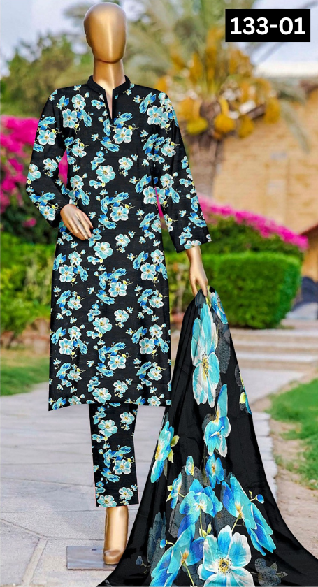 VOL 133 | DS 01 | DIGITAL PRINTED BANADORA LAWN 3PC BAMBER CHIFFON DUPATTA