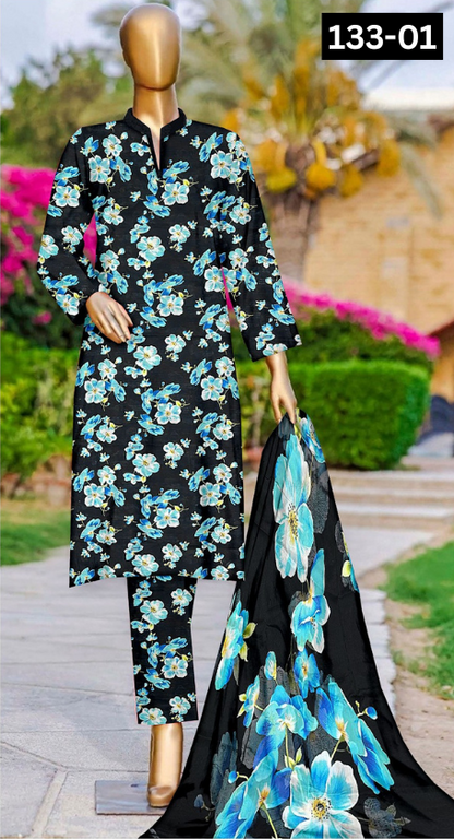 VOL 133 | DS 01 | DIGITAL PRINTED BANADORA LAWN 3PC BAMBER CHIFFON DUPATTA