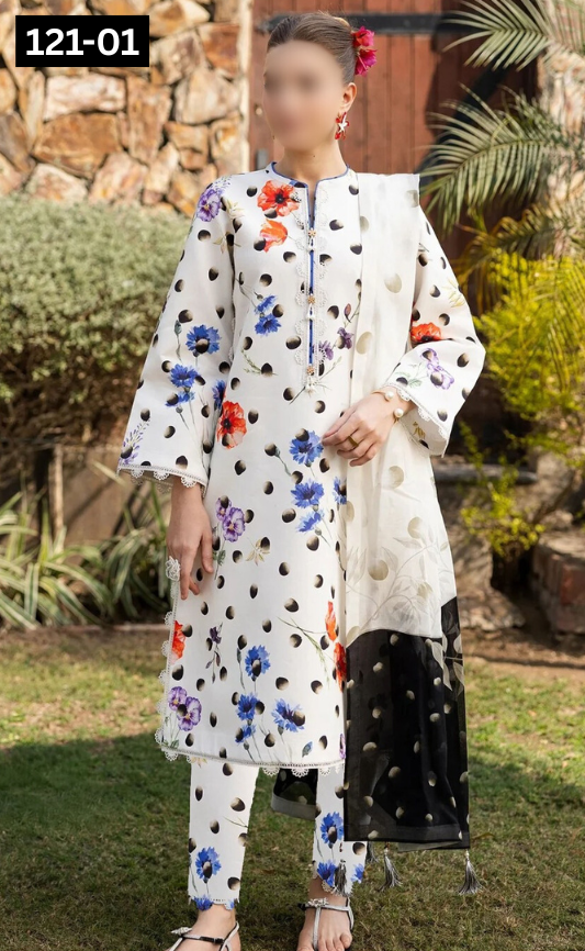 VOL 121 | DS 01 | DIGITAL PRINTED BANADORA LAWN 3PC VOIL LAWN DUPATTA