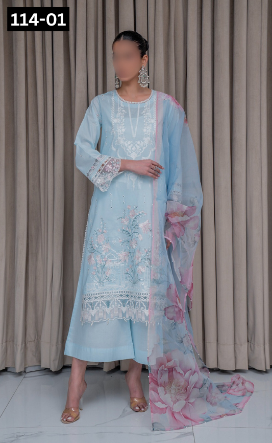 VOL 114 | DS 01 | SHANAYA LAWN EMBROIDERED 3PC PURE ORGANZA DUPATTA