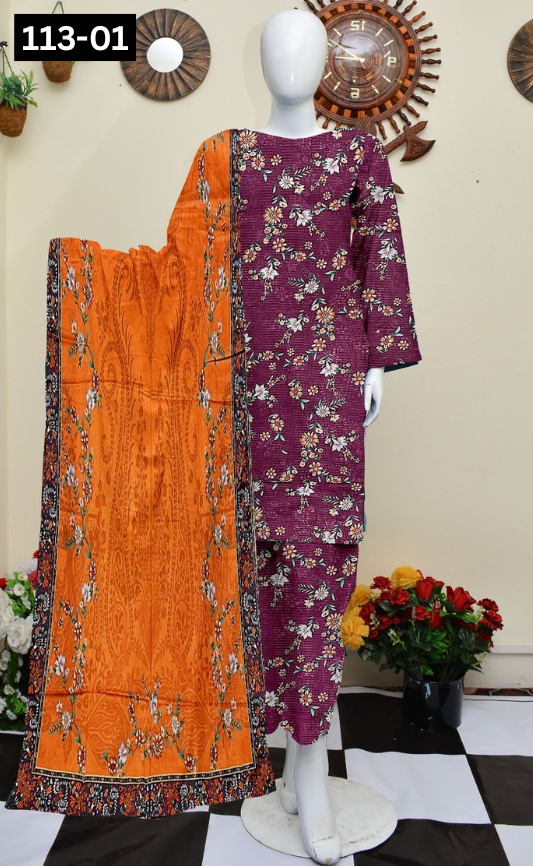 VOL 113 | DS 01 | DIGITAL PRINTED BANADORA LAWN 3PC VOIL LAWN DUPATTA