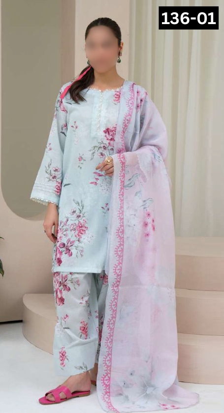 VOL 136 | DS 01 | DIGITAL PRINTED BANADORA LAWN 3PC VOIL LAWN DUPATTA