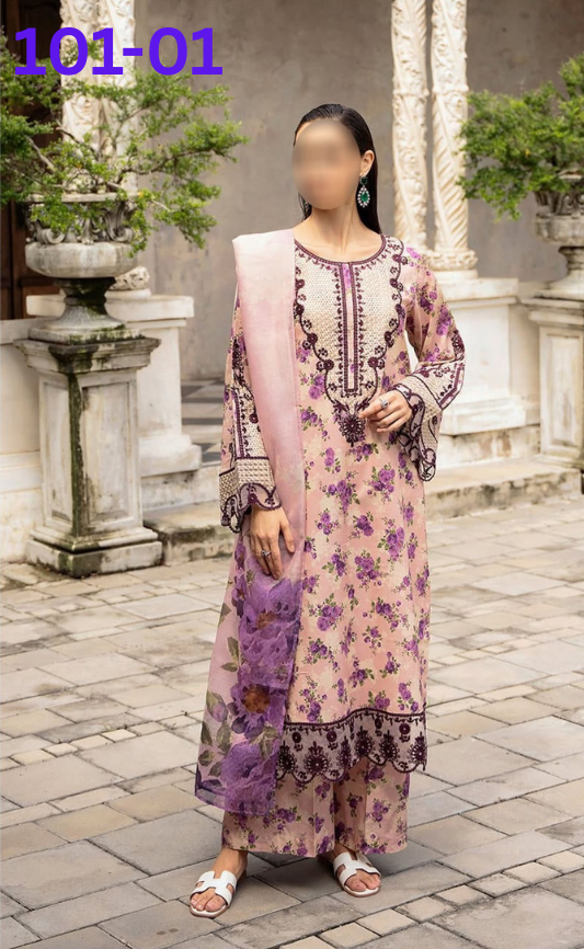 VOL 101 | DS 01 | DIGITAL PRINTED LAWN 3PC BAMBER CHIFFON DUPATTA