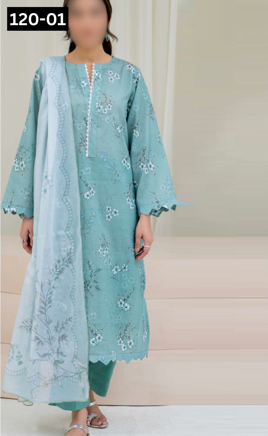 VOL 120 | DS 01 | DIGITAL PRINTED BANADORA LAWN 3PC DYED TROUSER VOIL LAWN DUPATTA
