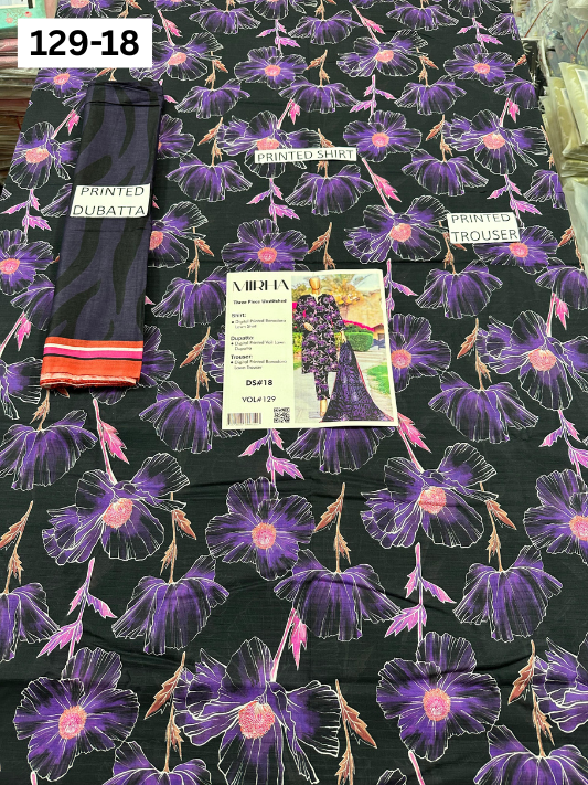 VOL 129 | DS 18 | DIGITAL PRINTED BANADORA LAWN 3PC VOIL LAWN DUPATTA
