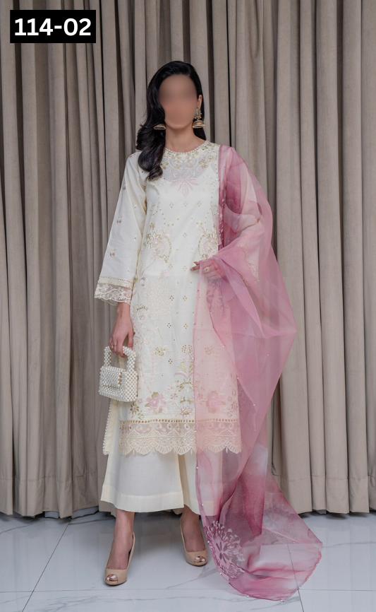 VOL 114 | DS 02 | SHANAYA LAWN EMBROIDERED 3PC PURE ORGANZA DUPATTA