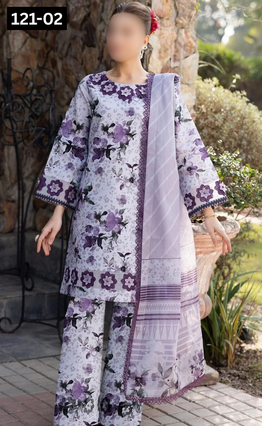 VOL 121 | DS 02 | DIGITAL PRINTED BANADORA LAWN 3PC VOIL LAWN DUPATTA