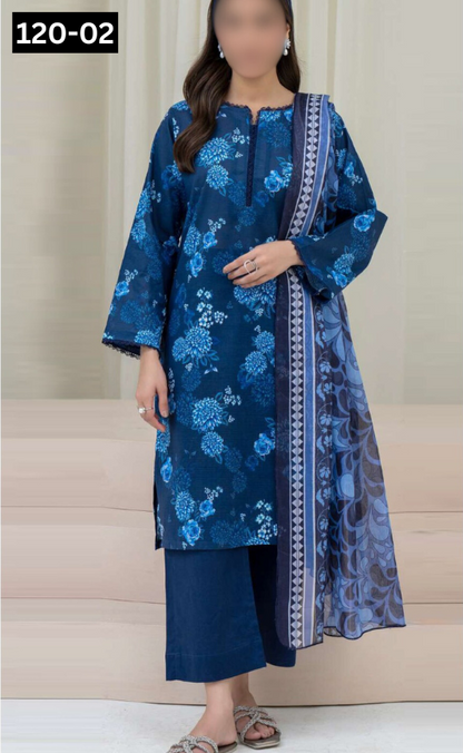VOL 120 | DS 02 | DIGITAL PRINTED BANADORA LAWN 3PC DYED TROUSER VOIL LAWN DUPATTA