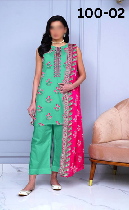 VOL 100 | DS 02 | DIGITAL PRINTED LAWN 3PC DYED TROUSER VOIL DUPATTA