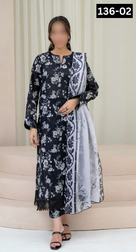 VOL 136 | DS 02 | DIGITAL PRINTED BANADORA LAWN 3PC VOIL LAWN DUPATTA