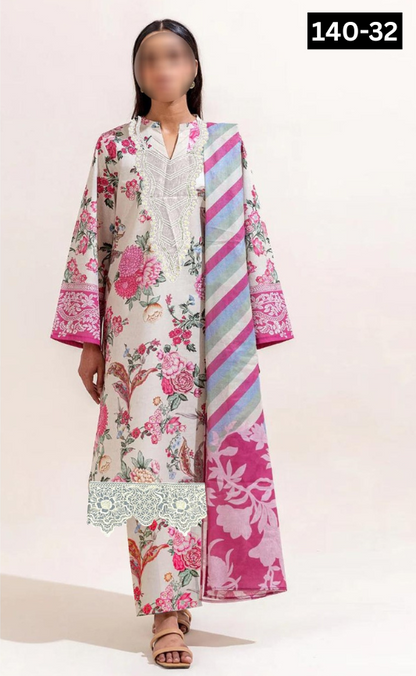 VOL 140 | DS 32 | DIGITAL PRINTED BANADORA LAWN 3PC | VOIL LAWN DUPATTA | EMBROIDERED ORAGANZA PATCHES