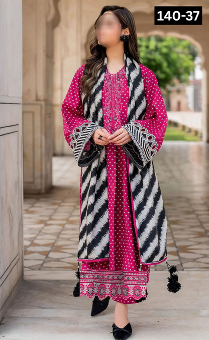 VOL 140 | DS 37 | DIGITAL PRINTED BANADORA LAWN 3PC | VOIL LAWN DUPATTA | EMBROIDERED ORAGANZA PATCHES