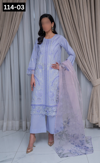 VOL 114 | DS 03 | SHANAYA LAWN EMBROIDERED 3PC PURE ORGANZA DUPATTA