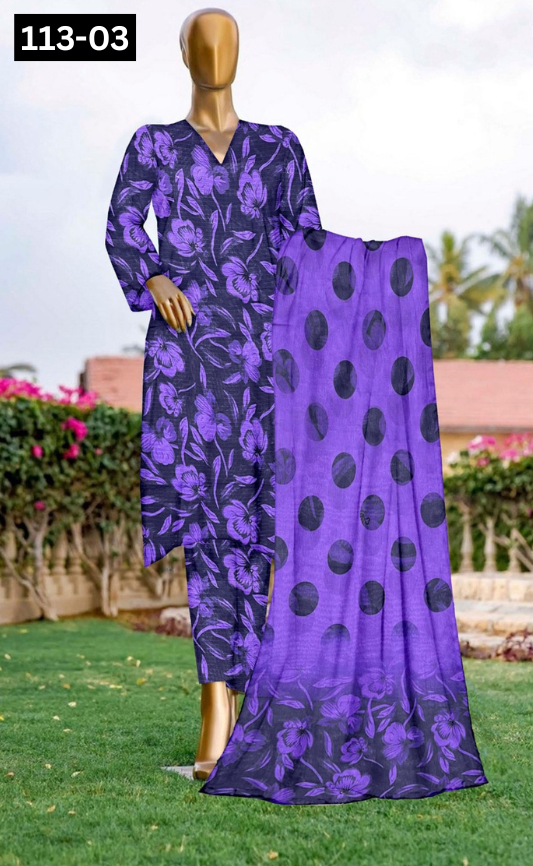VOL 113 | DS 03 | DIGITAL PRINTED BANADORA LAWN 3PC VOIL LAWN DUPATTA
