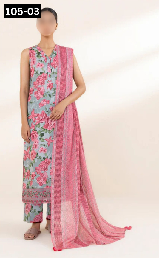 VOL 105 | DS 03 | DIGITAL PRINTED LAWN 3PC VOIL LAWN DUPATTA