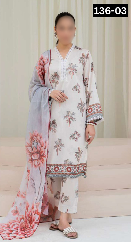 VOL 136 | DS 03 | DIGITAL PRINTED BANADORA LAWN 3PC VOIL LAWN DUPATTA