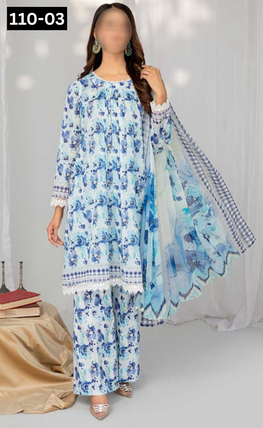 VOL 110 | DS 03 | DIGITAL PRINTED BANADORA LAWN 3PC VOIL LAWN DUPATTA