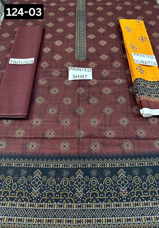 VOL 124 | DS 03 | DIGITAL PRINTED LAWN 3PC DYED TROUSER VOIL LAWN DUPATTA