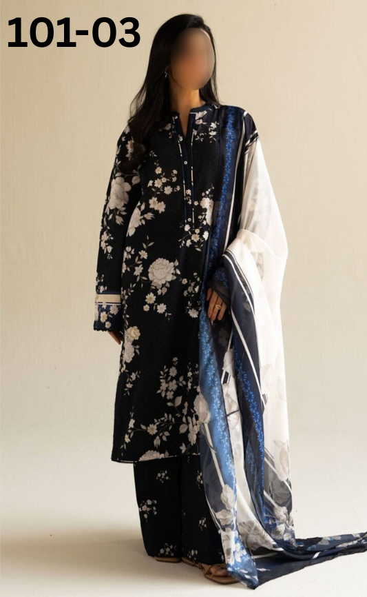 VOL 101 | DS 03 | DIGITAL PRINTED LAWN 3PC BAMBER CHIFFON DUPATTA