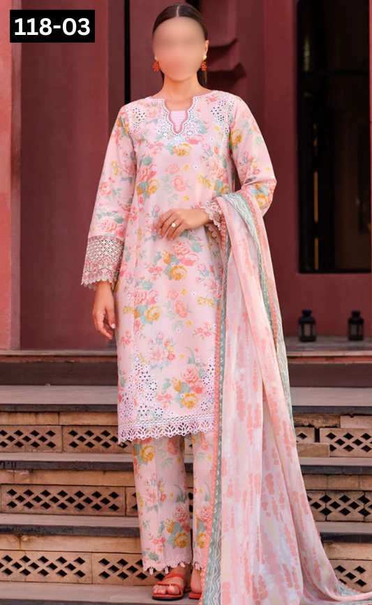 VOL 118 | DS 03 | DIGITAL PRINTED BANADORA LAWN 3PC VOIL LAWN DUPATTA