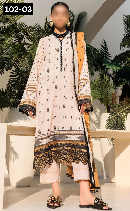 VOL 102 | DS 03 | DIGITAL PRINTED BANA DORA LAWN 3PC VOIL LAWN DUPATTA