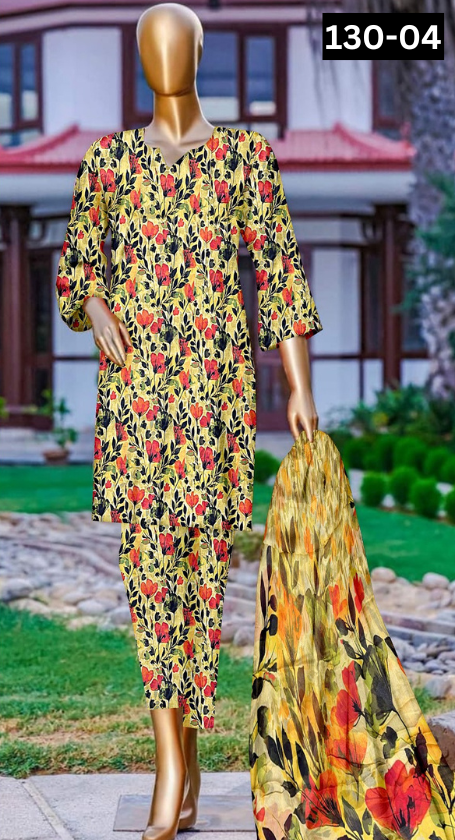 VOL 130 | DS 04 | DIGITAL PRINTED LAWN 3PC BAMBER CHIFFON DUPATTA